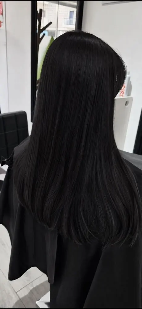 Cabelo preto liso e comprido, com brilho